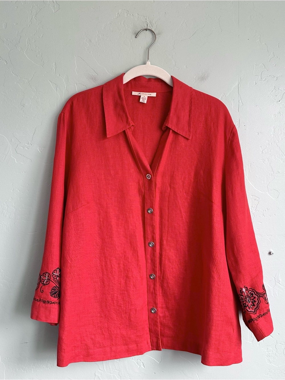 JM Collection Macy's Red 100% Linen Embroidered Sleeve Button Up Shirt Women 14